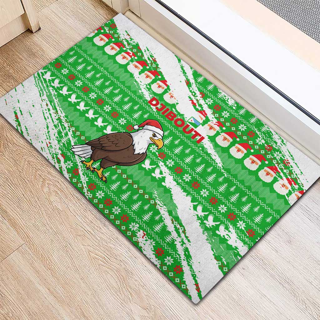 Djibouti Christmas Rubber Doormat with Santa Eagle Doves Trees and Green Snowflake Holiday - Wonder Print Shop