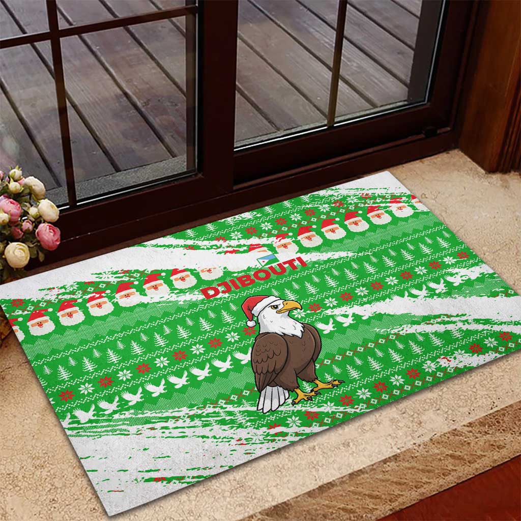 Djibouti Christmas Rubber Doormat with Santa Eagle Doves Trees and Green Snowflake Holiday - Wonder Print Shop