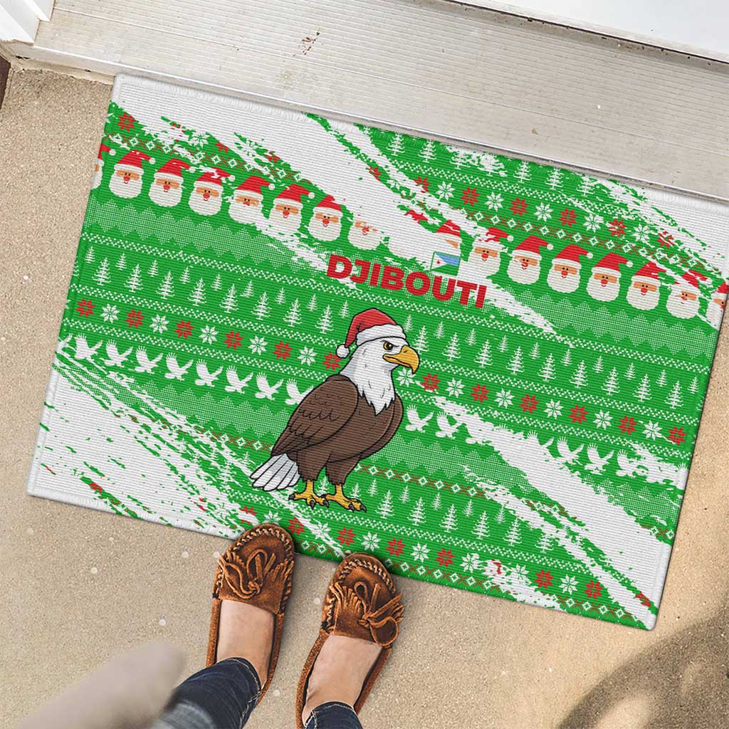 Djibouti Christmas Rubber Doormat with Santa Eagle Doves Trees and Green Snowflake Holiday - Wonder Print Shop