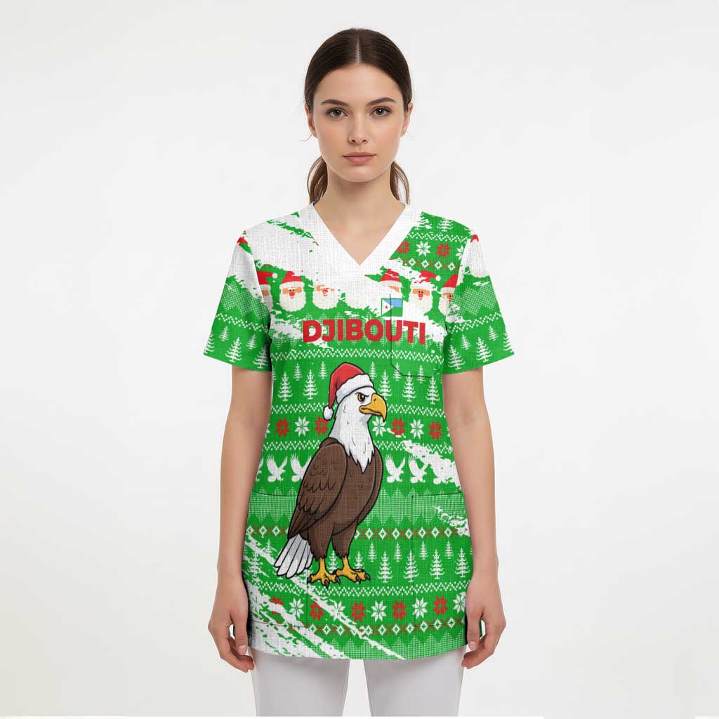 Djibouti Christmas Scrub Top with Santa Eagle Doves Trees and Green Snowflake Holiday - Wonder Print Shop