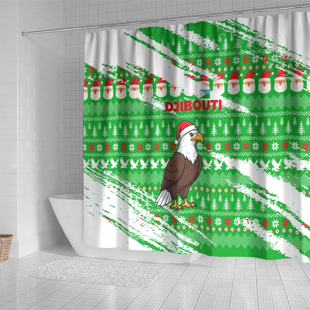 Djibouti Christmas Shower Curtain with Santa Eagle Doves Trees and Green Snowflake Holiday - Wonder Print Shop