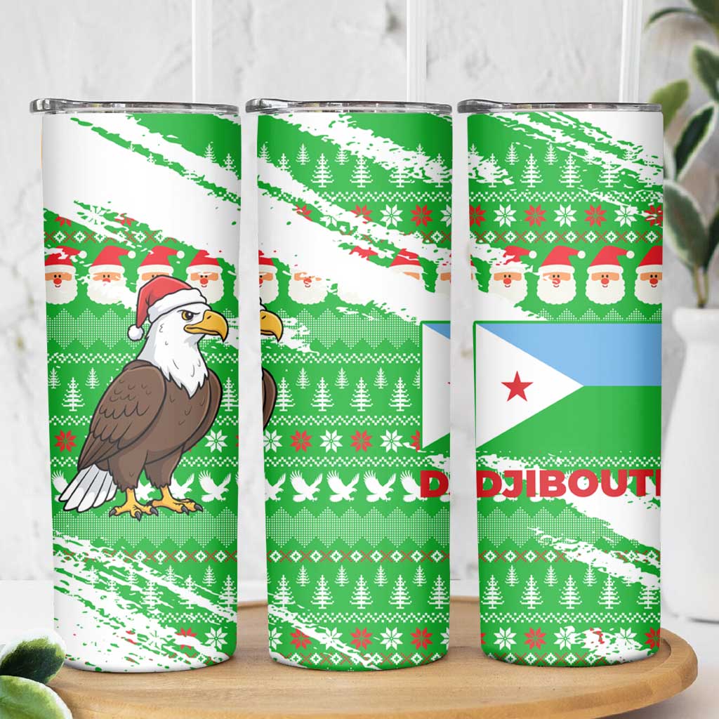 Djibouti Christmas Skinny Tumbler with Santa Eagle Doves Trees and Green Snowflake Holiday - Wonder Print Shop