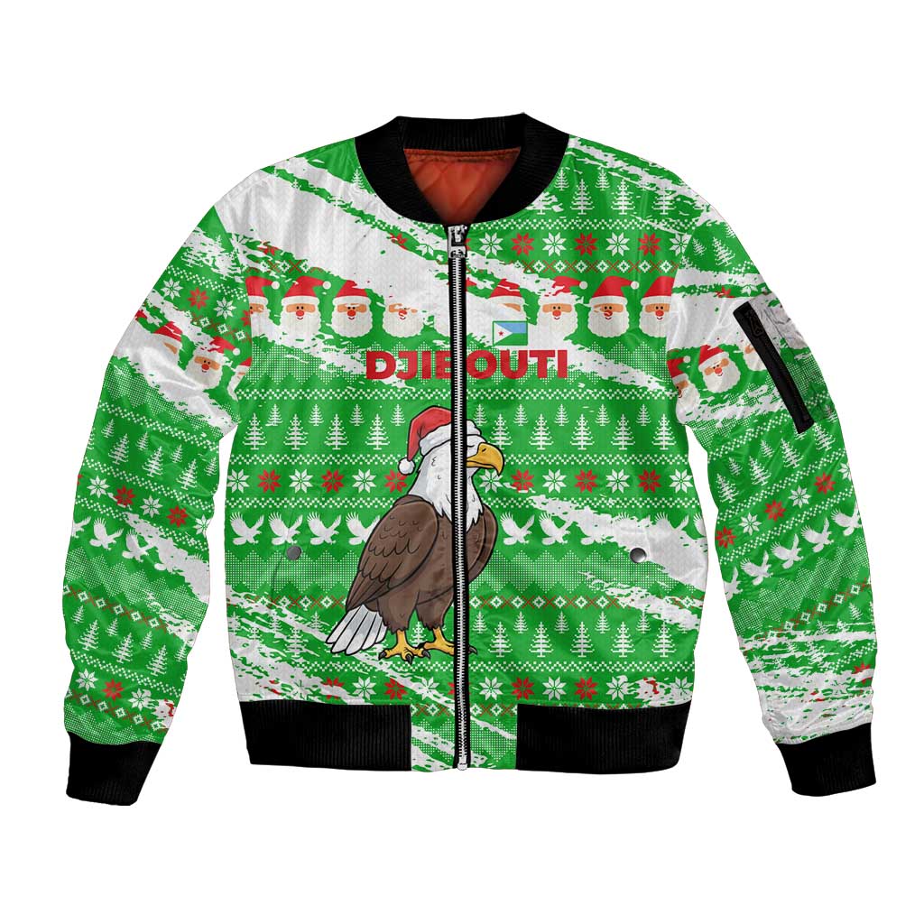 Djibouti Christmas Sleeve Zip Bomber Jacket with Santa Eagle Doves Trees and Green Snowflake Holiday - Wonder Print Shop