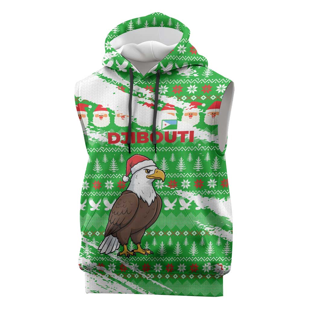 Djibouti Christmas Sleeveless Hoodie with Santa Eagle Doves Trees and Green Snowflake Holiday - Wonder Print Shop
