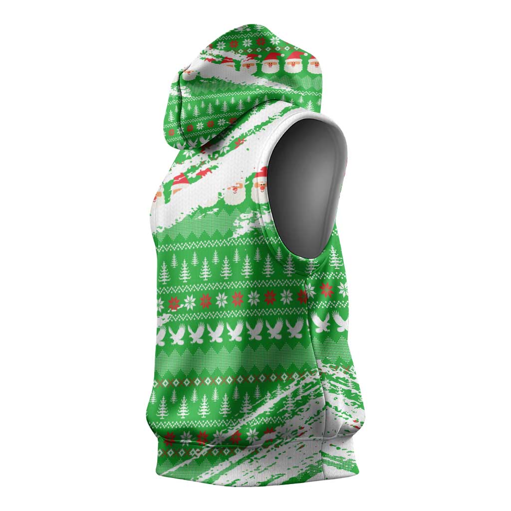 Djibouti Christmas Sleeveless Hoodie with Santa Eagle Doves Trees and Green Snowflake Holiday - Wonder Print Shop