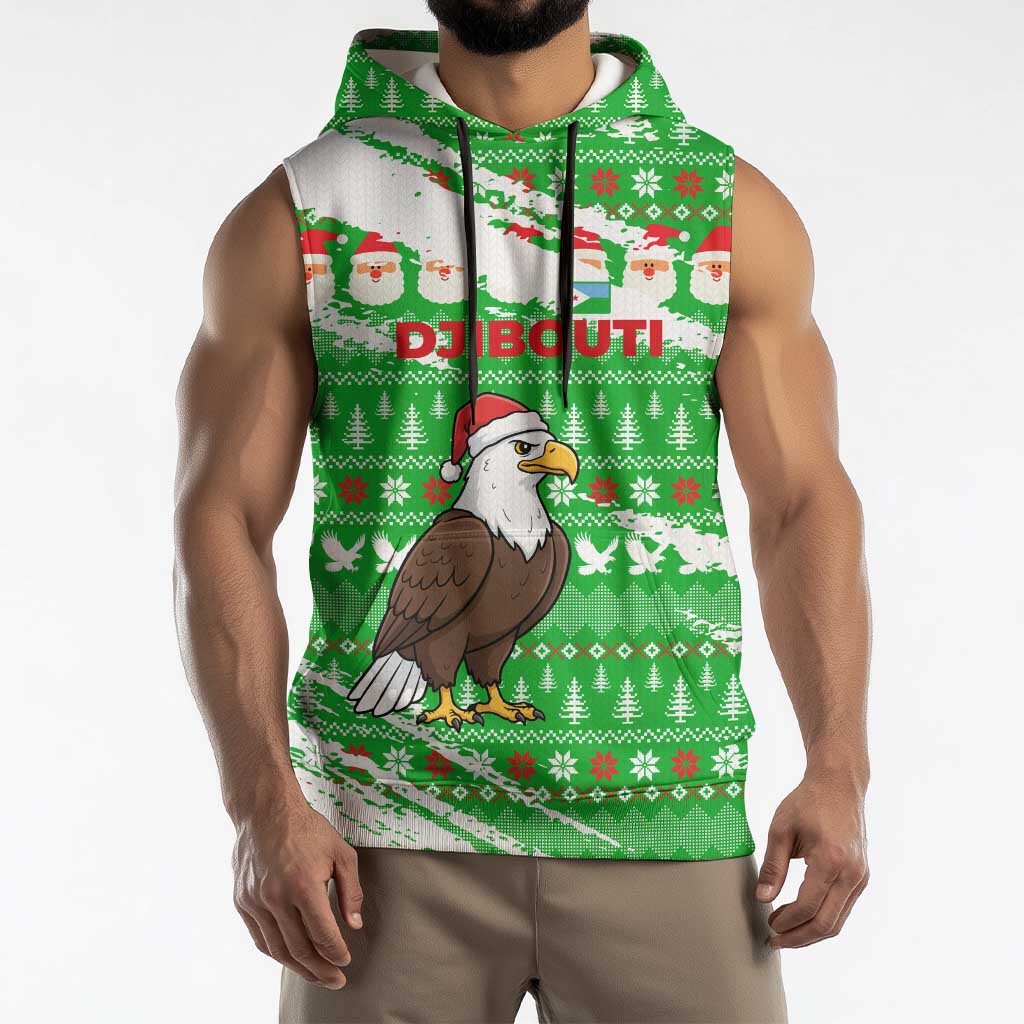 Djibouti Christmas Sleeveless Hoodie with Santa Eagle Doves Trees and Green Snowflake Holiday - Wonder Print Shop