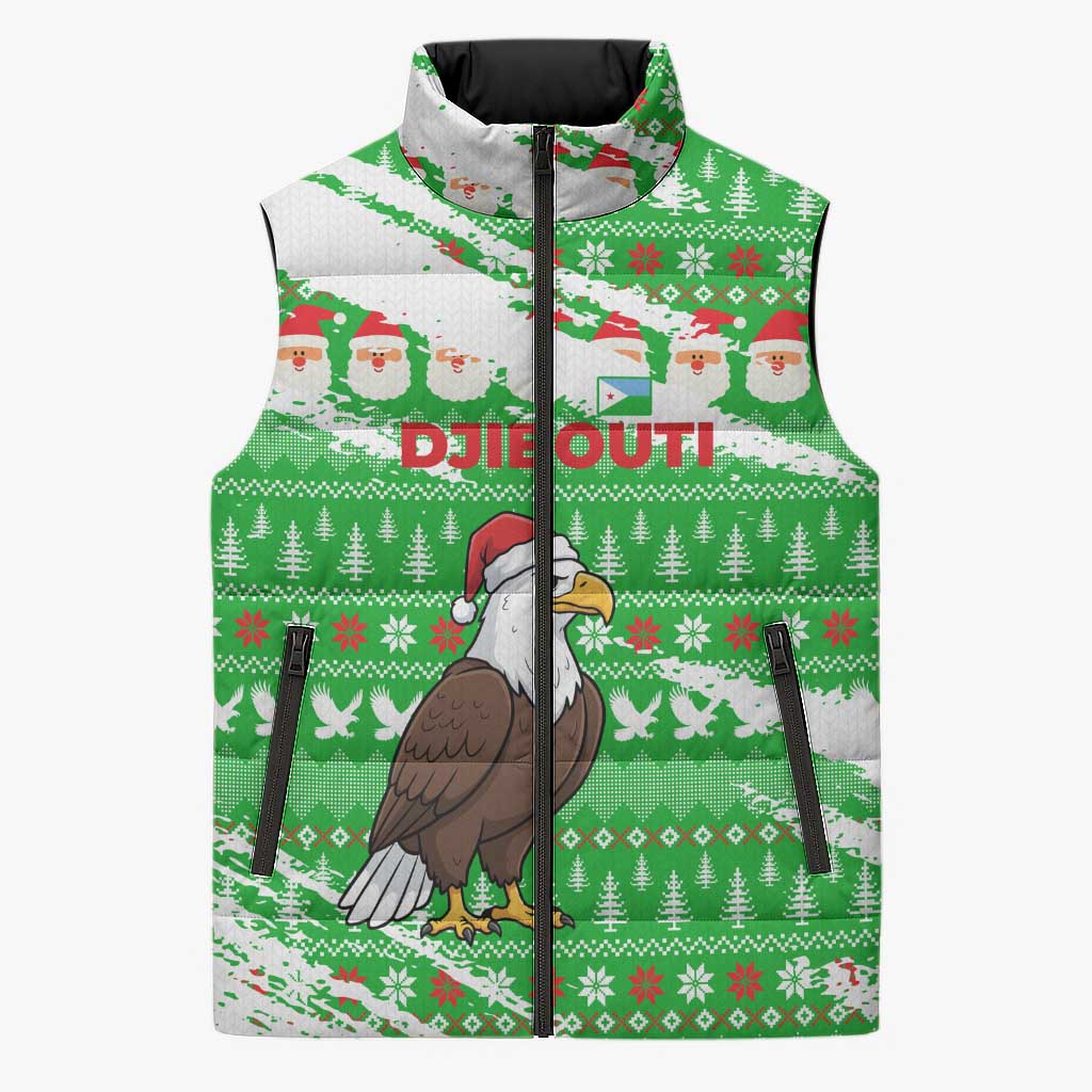Djibouti Christmas Sleeveless Puffer Jacket with Santa Eagle Doves Trees and Green Snowflake Holiday - Wonder Print Shop