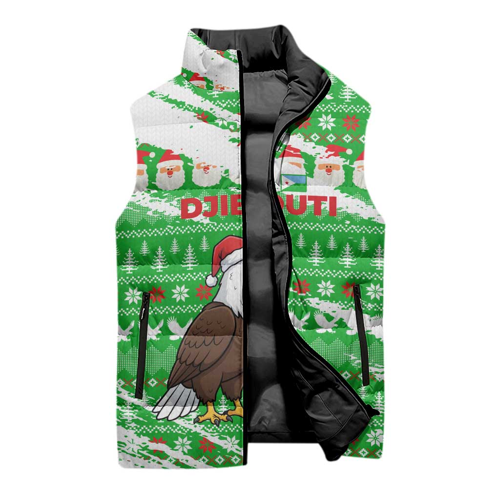 Djibouti Christmas Sleeveless Puffer Jacket with Santa Eagle Doves Trees and Green Snowflake Holiday - Wonder Print Shop