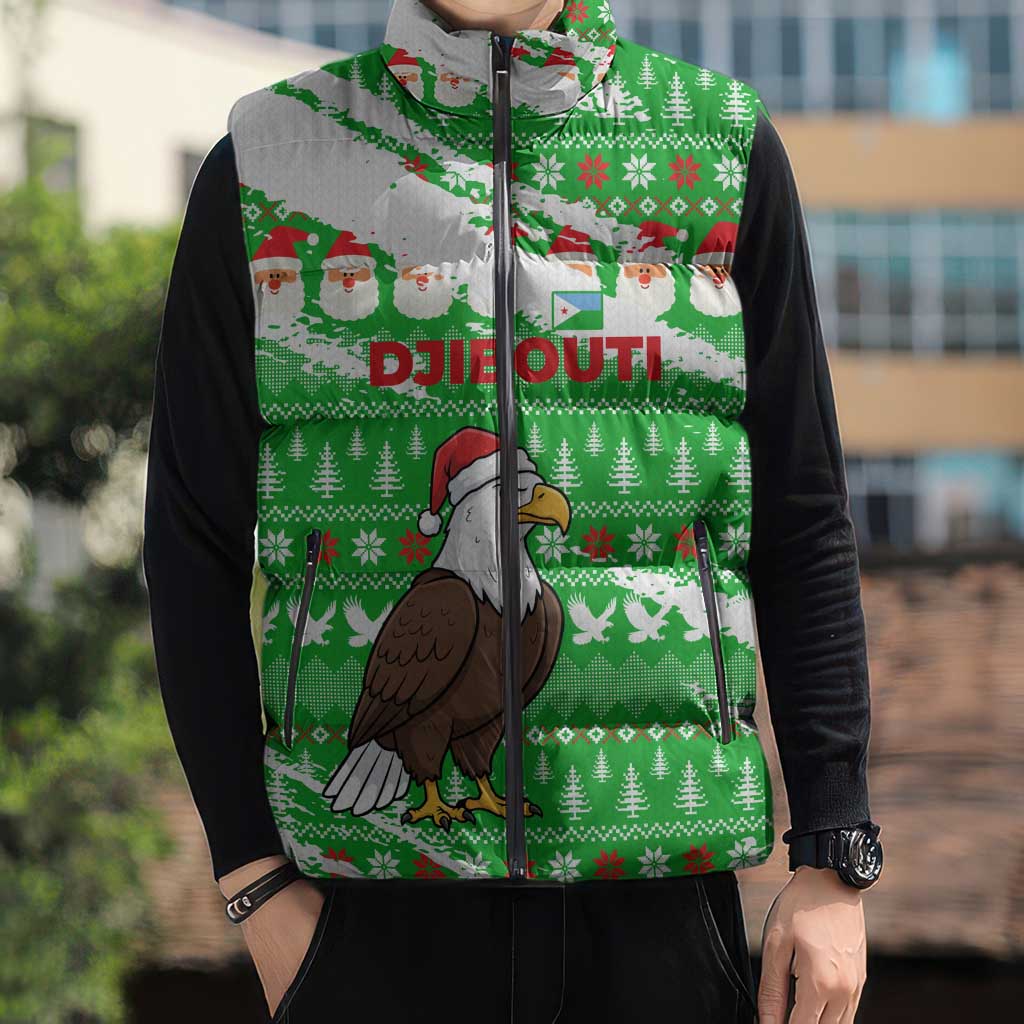 Djibouti Christmas Sleeveless Puffer Jacket with Santa Eagle Doves Trees and Green Snowflake Holiday - Wonder Print Shop