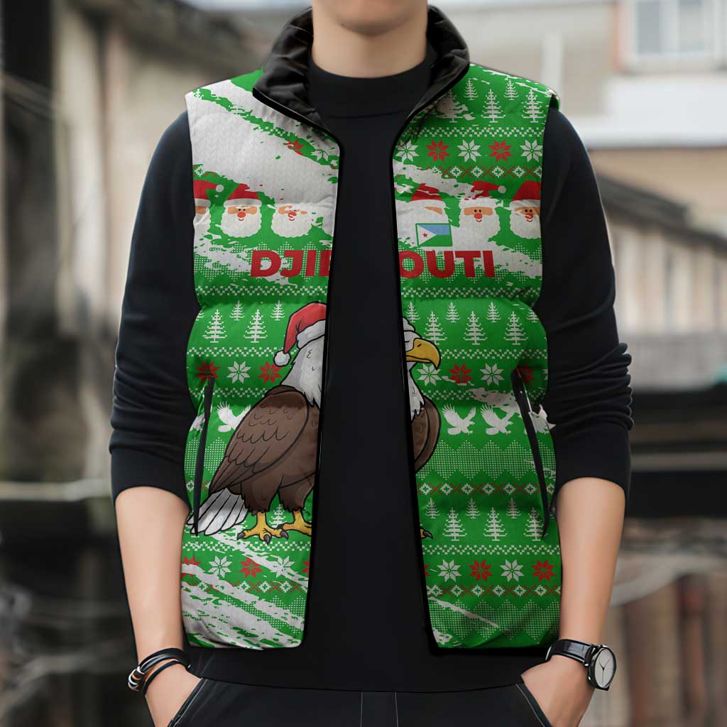 Djibouti Christmas Sleeveless Puffer Jacket with Santa Eagle Doves Trees and Green Snowflake Holiday - Wonder Print Shop
