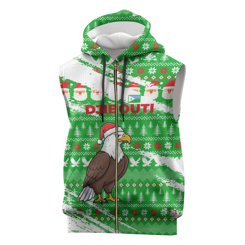Djibouti Christmas Sleeveless Zip Hoodie with Santa Eagle Doves Trees and Green Snowflake Holiday - Wonder Print Shop