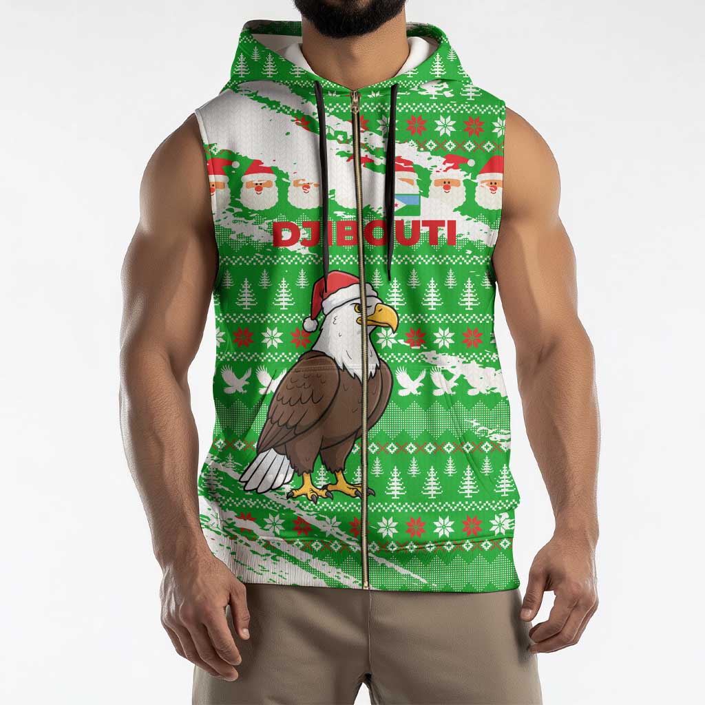 Djibouti Christmas Sleeveless Zip Hoodie with Santa Eagle Doves Trees and Green Snowflake Holiday - Wonder Print Shop