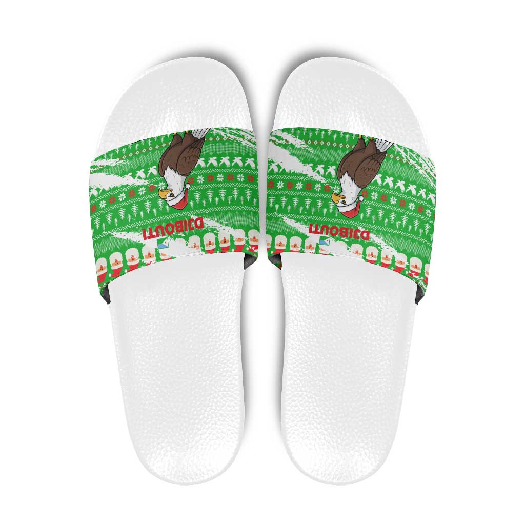 Djibouti Christmas Slide Sandals with Santa Eagle Doves Trees and Green Snowflake Holiday - Wonder Print Shop