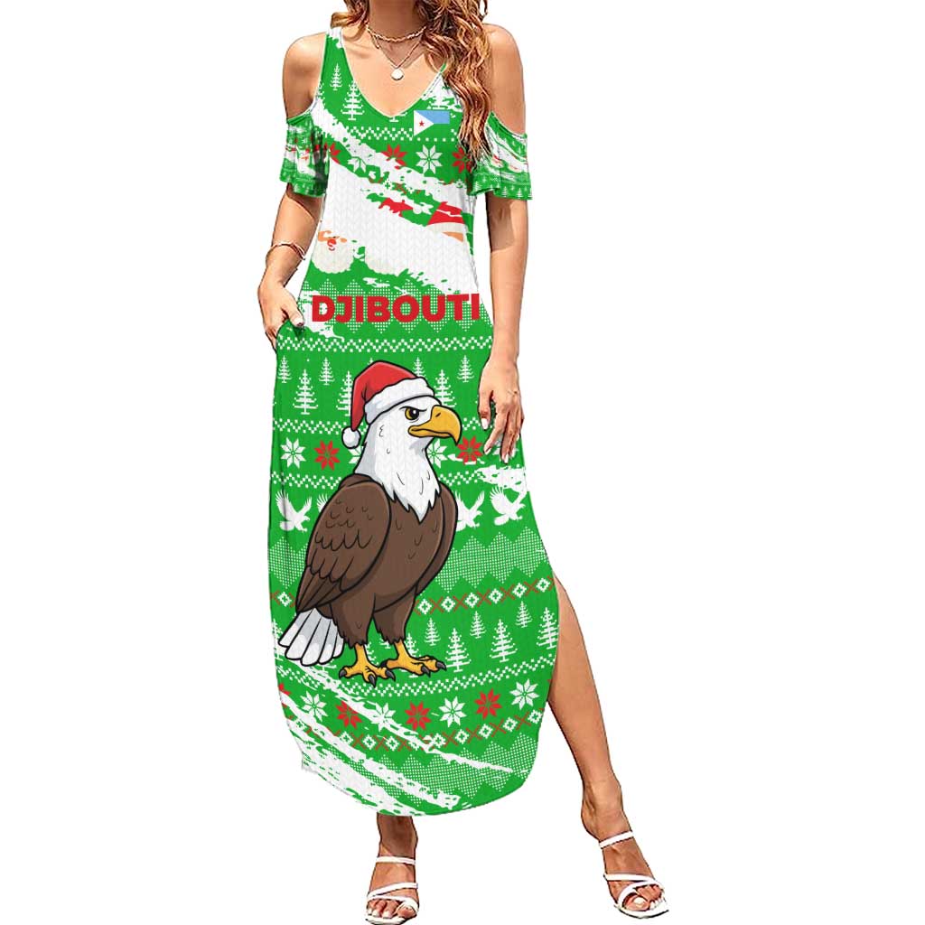 Djibouti Christmas Summer Maxi Dress with Santa Eagle Doves Trees and Green Snowflake Holiday - Wonder Print Shop