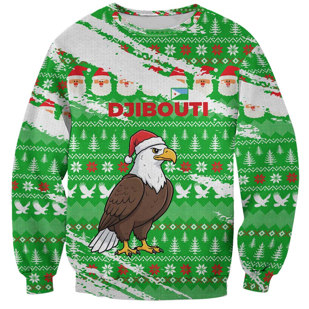 Djibouti Christmas Sweatshirt with Santa Eagle Doves Trees and Green Snowflake Holiday - Wonder Print Shop