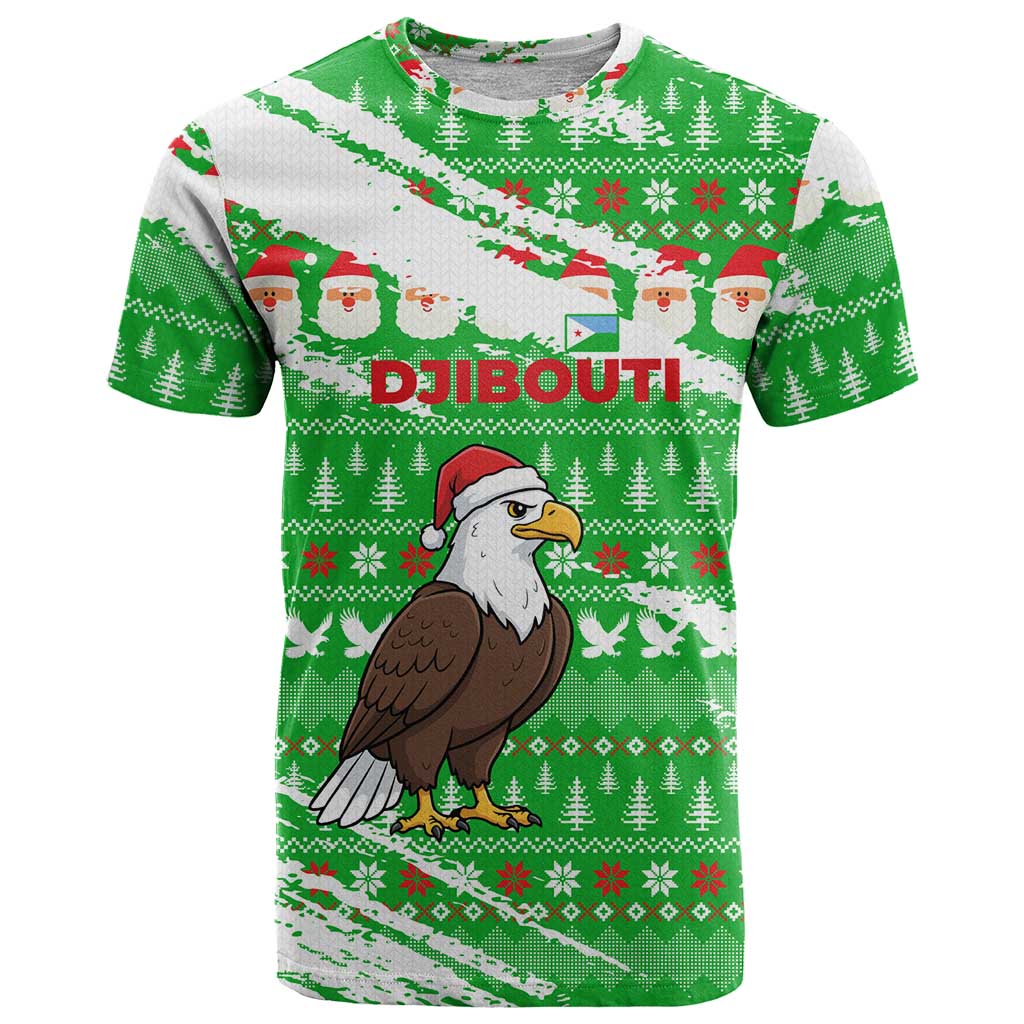 Djibouti Christmas T Shirt with Santa Eagle Doves Trees and Green Snowflake Holiday - Wonder Print Shop