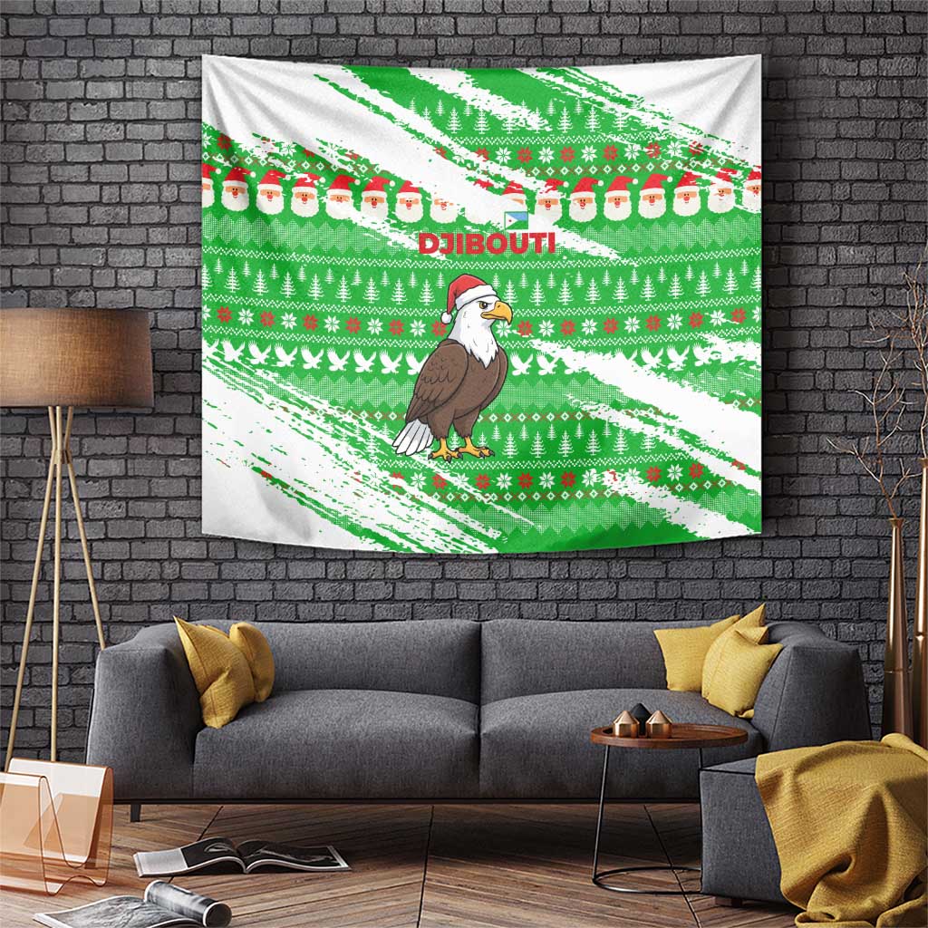 Djibouti Christmas Tapestry with Santa Eagle Doves Trees and Green Snowflake Holiday - Wonder Print Shop