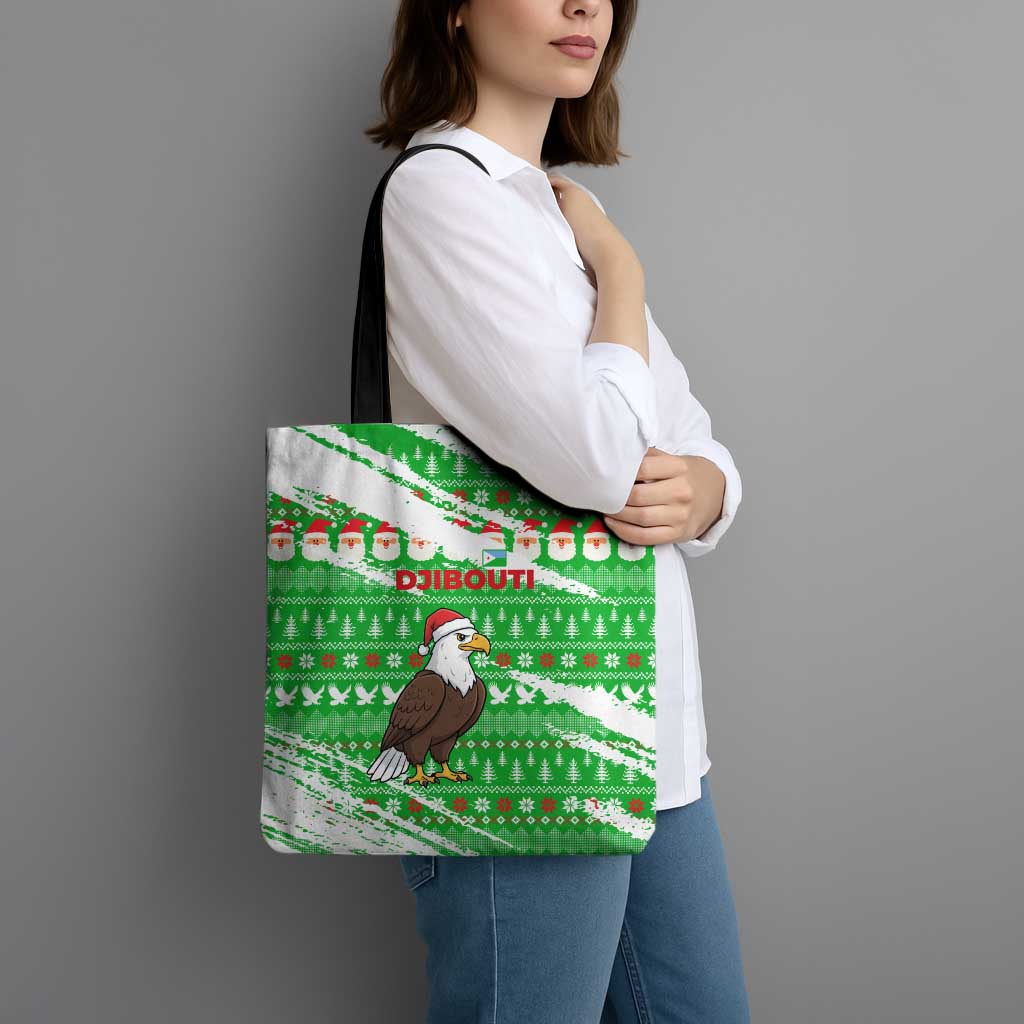 Djibouti Christmas Tote Bag with Santa Eagle Doves Trees and Green Snowflake Holiday - Wonder Print Shop