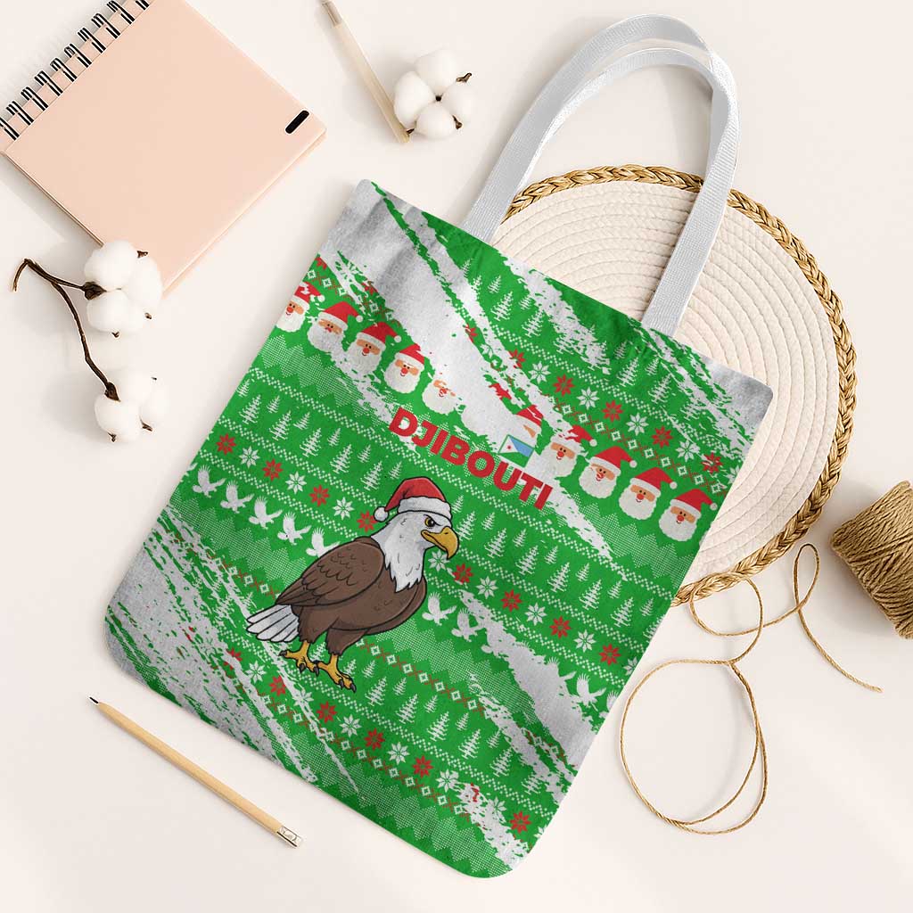 Djibouti Christmas Tote Bag with Santa Eagle Doves Trees and Green Snowflake Holiday - Wonder Print Shop