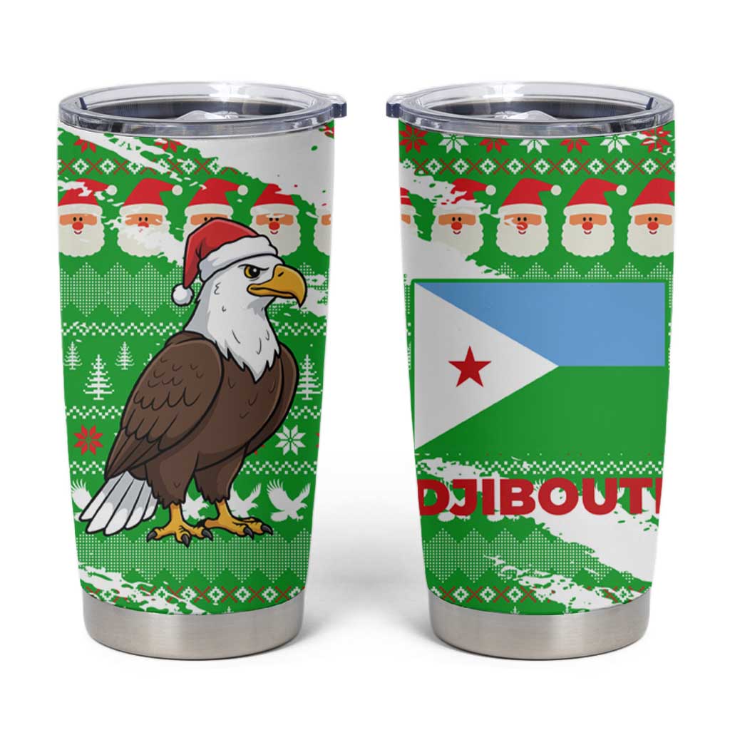 Djibouti Christmas Tumbler Cup with Santa Eagle Doves Trees and Green Snowflake Holiday - Wonder Print Shop