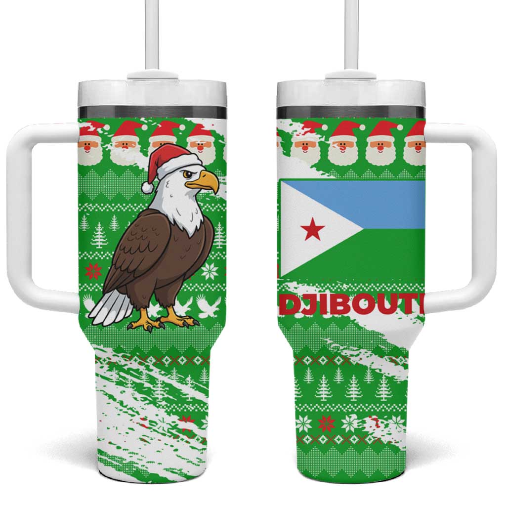 Djibouti Christmas Tumbler With Handle with Santa Eagle Doves Trees and Green Snowflake Holiday - Wonder Print Shop