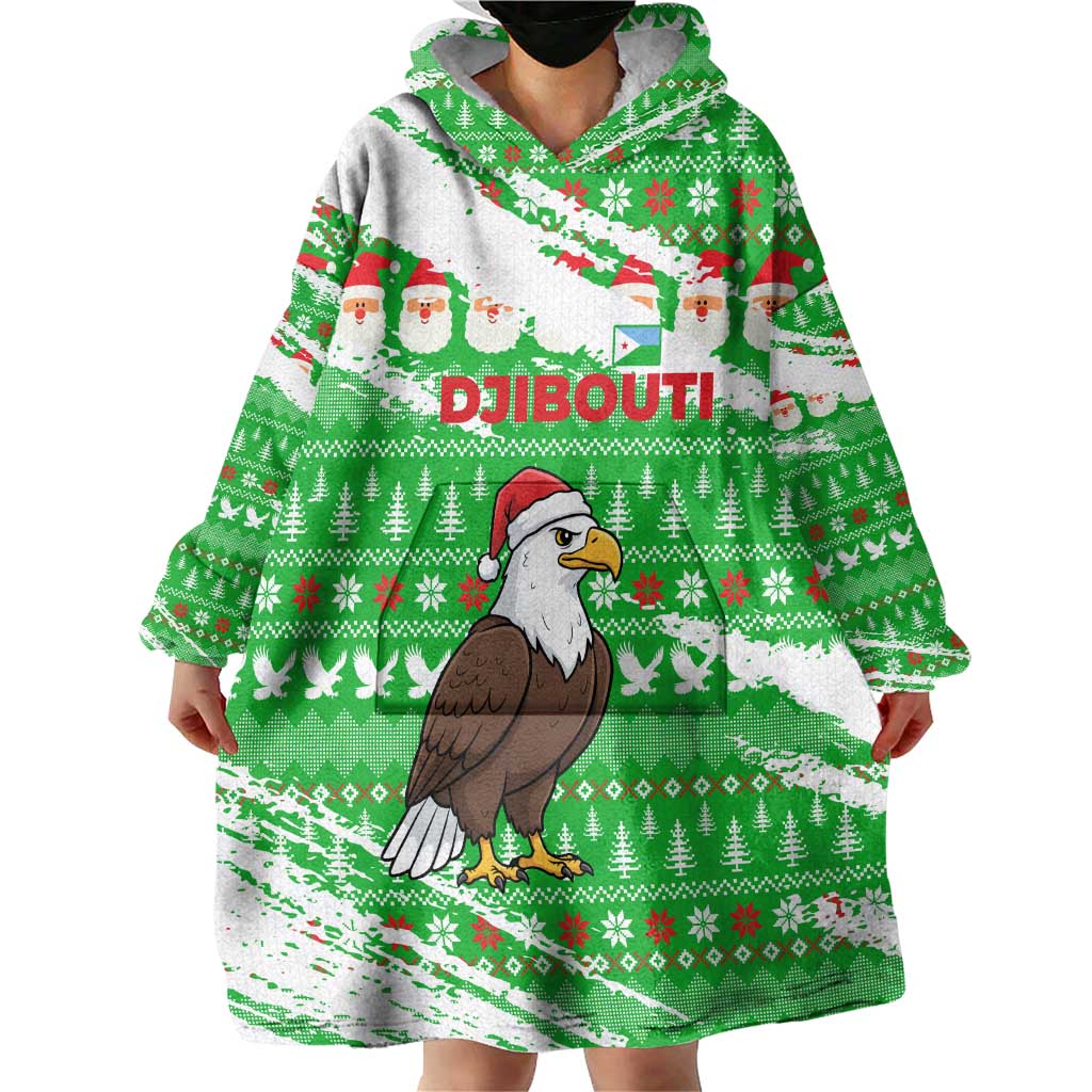 Djibouti Christmas Wearable Blanket Hoodie with Santa Eagle Doves Trees and Green Snowflake Holiday - Wonder Print Shop