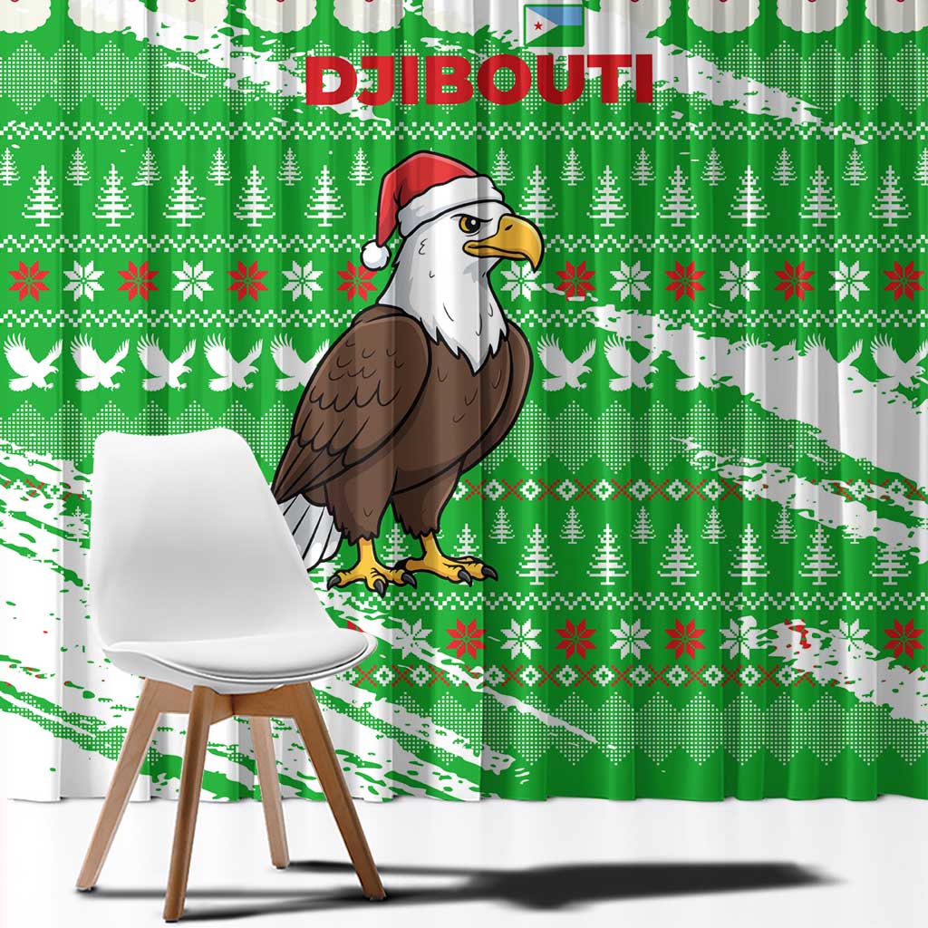 Djibouti Christmas Window Curtain with Santa Eagle Doves Trees and Green Snowflake Holiday - Wonder Print Shop