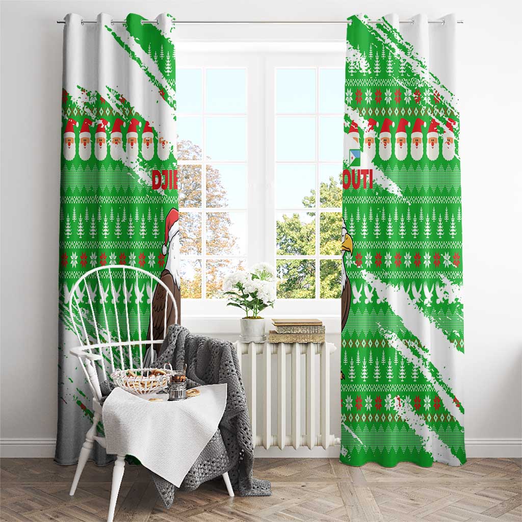Djibouti Christmas Window Curtain with Santa Eagle Doves Trees and Green Snowflake Holiday - Wonder Print Shop
