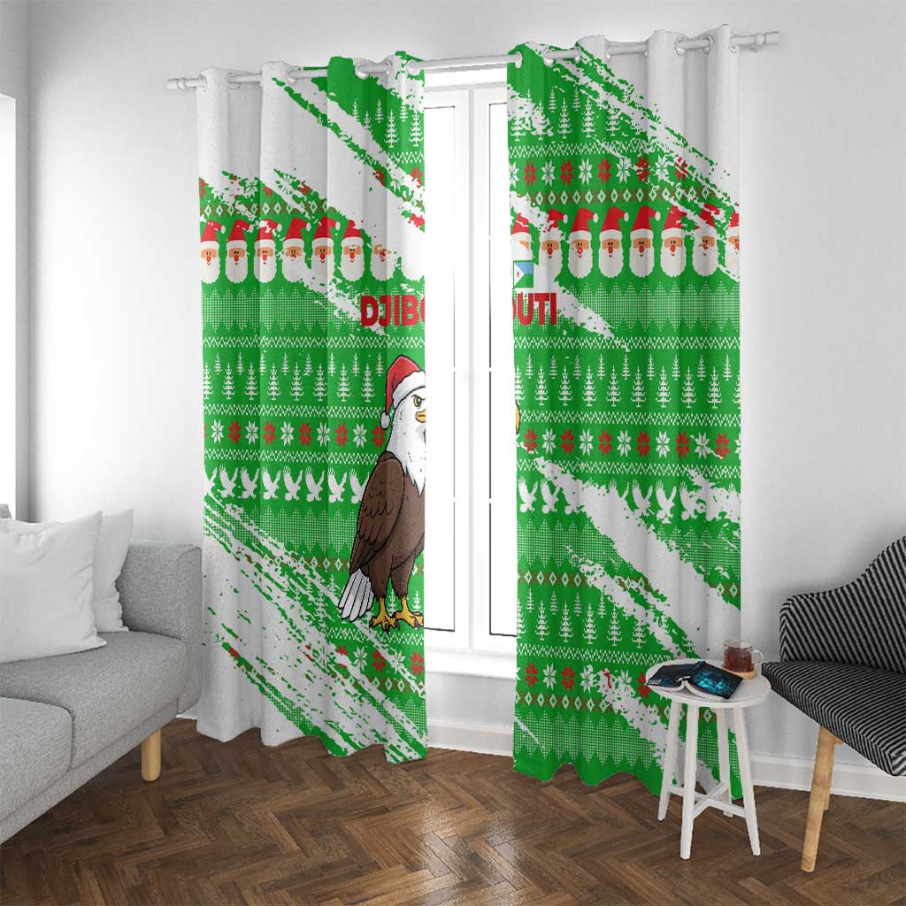 Djibouti Christmas Window Curtain with Santa Eagle Doves Trees and Green Snowflake Holiday - Wonder Print Shop