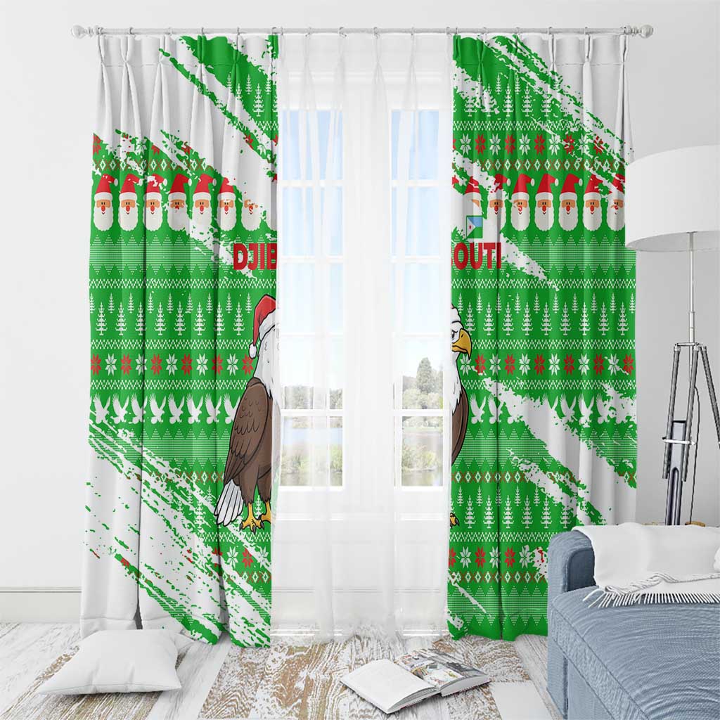 Djibouti Christmas Window Curtain with Santa Eagle Doves Trees and Green Snowflake Holiday - Wonder Print Shop