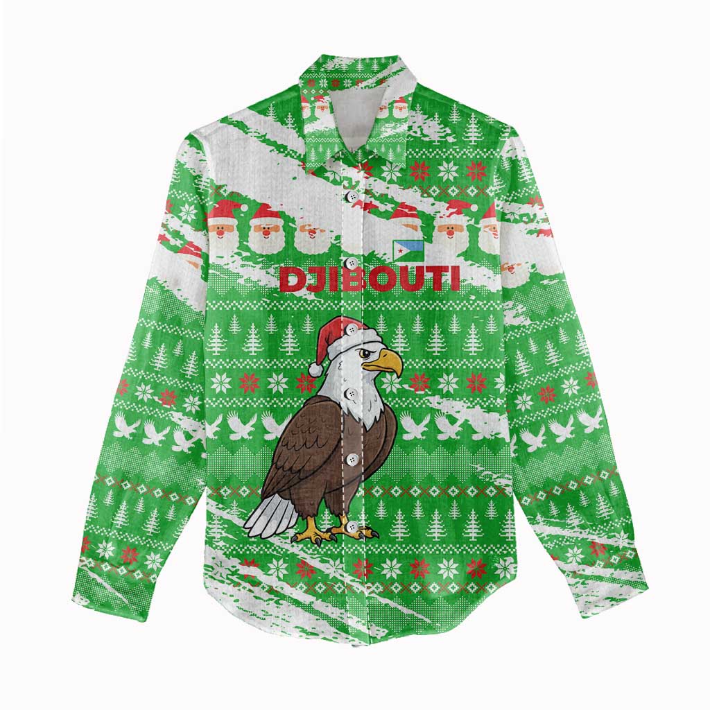 Djibouti Christmas Women Casual Shirt with Santa Eagle Doves Trees and Green Snowflake Holiday - Wonder Print Shop