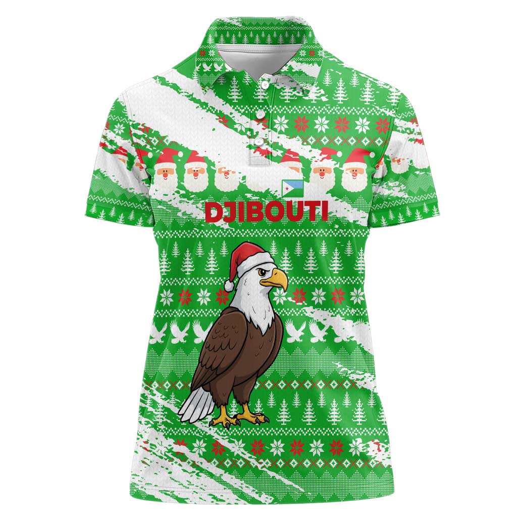 Djibouti Christmas Women Polo Shirt with Santa Eagle Doves Trees and Green Snowflake Holiday - Wonder Print Shop