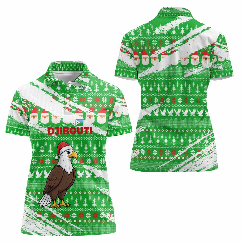 Djibouti Christmas Women Polo Shirt with Santa Eagle Doves Trees and Green Snowflake Holiday - Wonder Print Shop