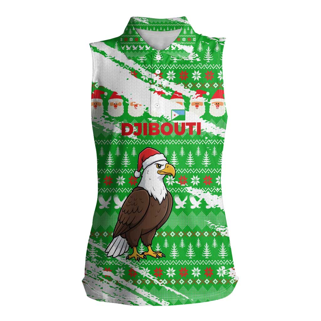 Djibouti Christmas Women Sleeveless Polo Shirt with Santa Eagle Doves Trees and Green Snowflake Holiday - Wonder Print Shop