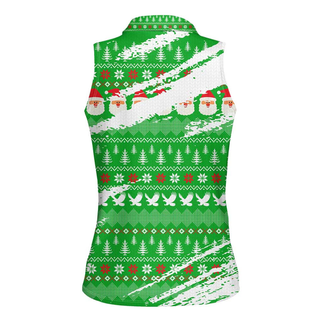 Djibouti Christmas Women Sleeveless Polo Shirt with Santa Eagle Doves Trees and Green Snowflake Holiday - Wonder Print Shop