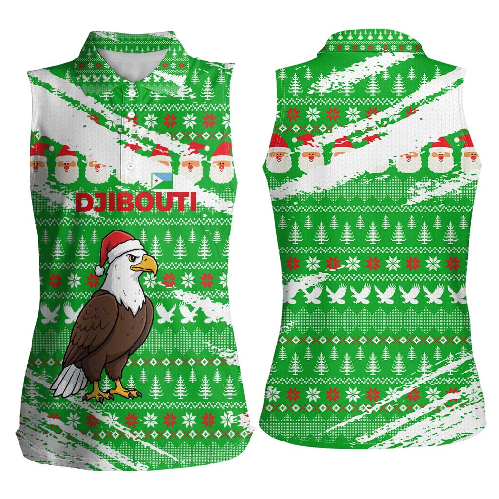 Djibouti Christmas Women Sleeveless Polo Shirt with Santa Eagle Doves Trees and Green Snowflake Holiday - Wonder Print Shop