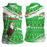 Djibouti Christmas Women Sleeveless Polo Shirt with Santa Eagle Doves Trees and Green Snowflake Holiday - Wonder Print Shop