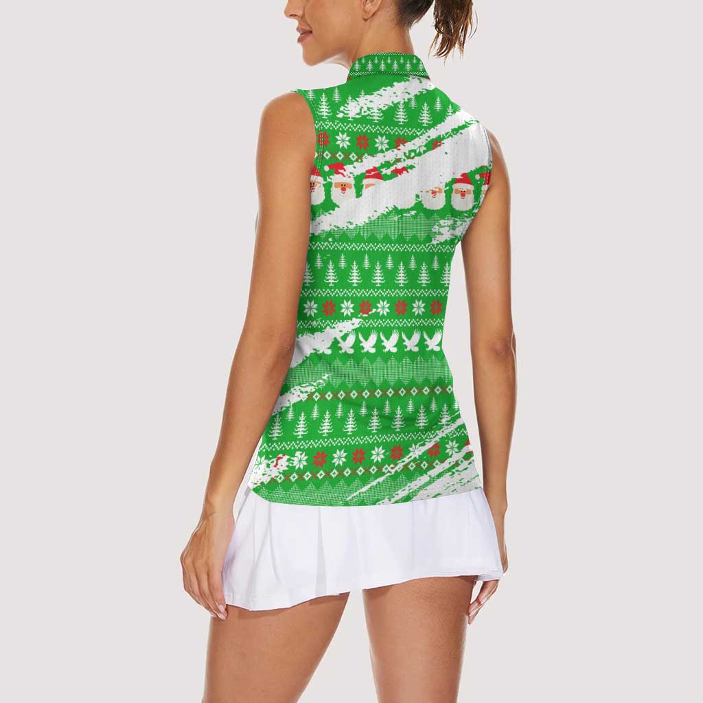 Djibouti Christmas Women Sleeveless Polo Shirt with Santa Eagle Doves Trees and Green Snowflake Holiday - Wonder Print Shop