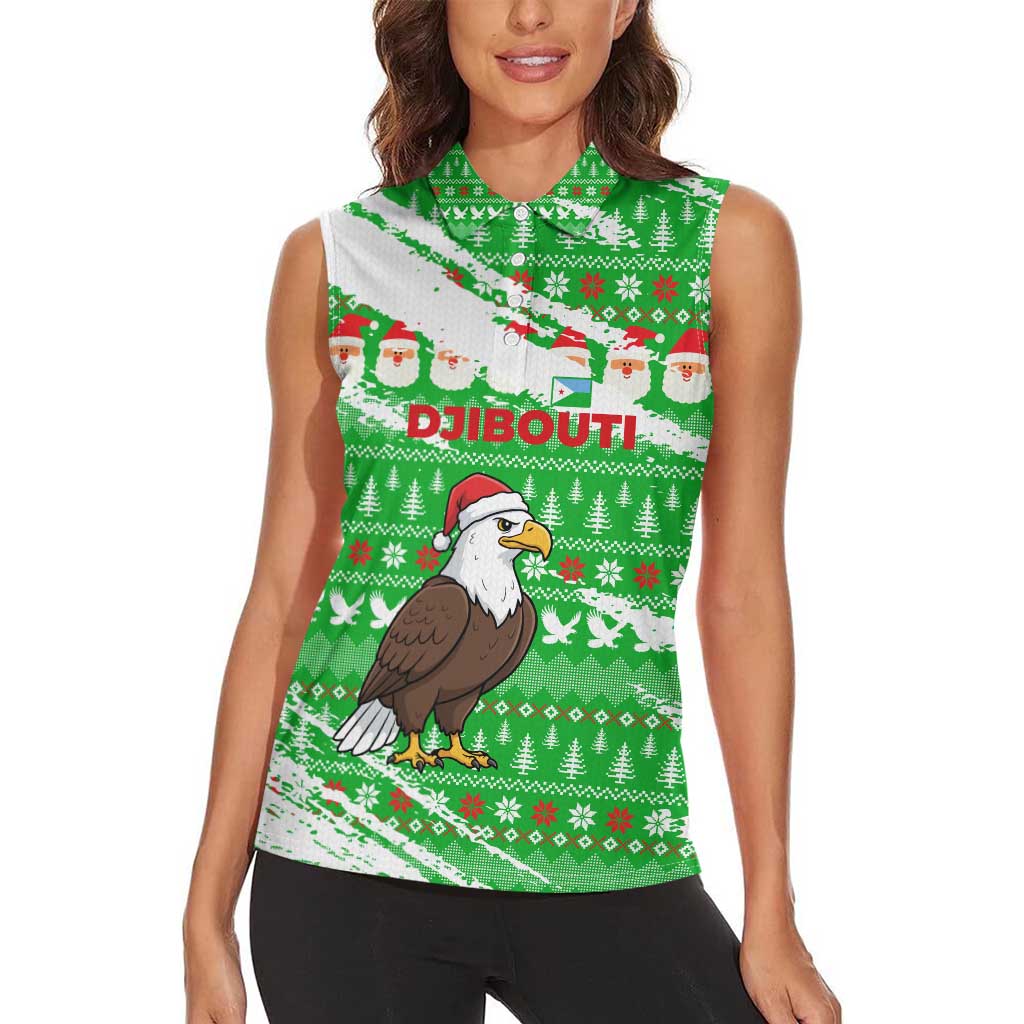Djibouti Christmas Women Sleeveless Polo Shirt with Santa Eagle Doves Trees and Green Snowflake Holiday - Wonder Print Shop