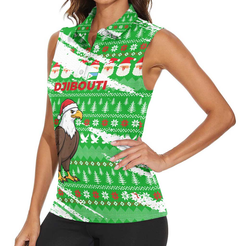 Djibouti Christmas Women Sleeveless Polo Shirt with Santa Eagle Doves Trees and Green Snowflake Holiday - Wonder Print Shop