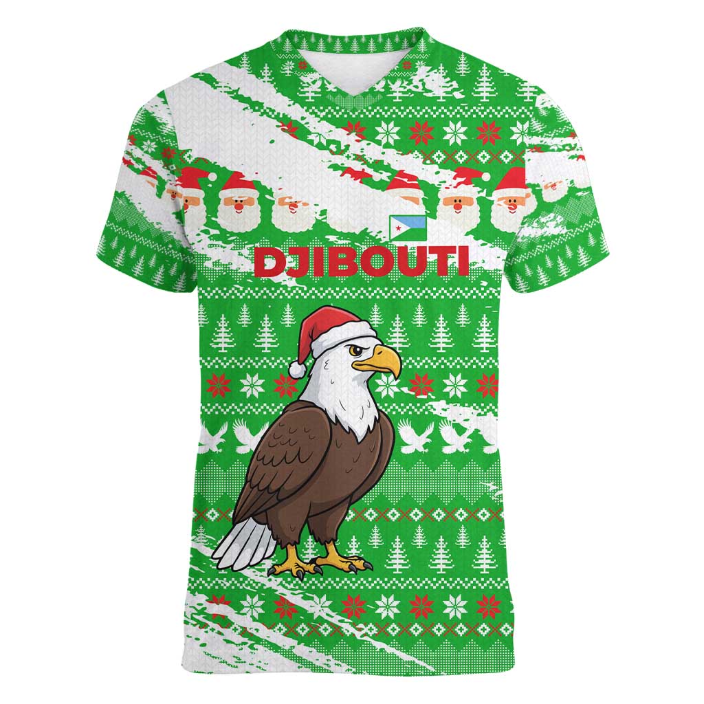 Djibouti Christmas Women V-Neck T-Shirt with Santa Eagle Doves Trees and Green Snowflake Holiday - Wonder Print Shop
