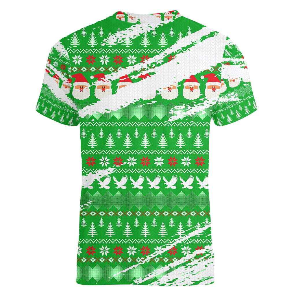 Djibouti Christmas Women V-Neck T-Shirt with Santa Eagle Doves Trees and Green Snowflake Holiday - Wonder Print Shop
