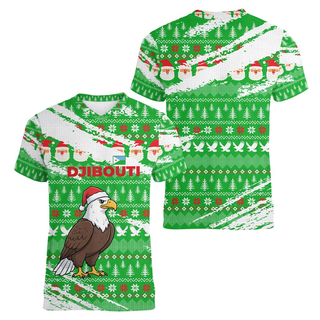 Djibouti Christmas Women V-Neck T-Shirt with Santa Eagle Doves Trees and Green Snowflake Holiday - Wonder Print Shop