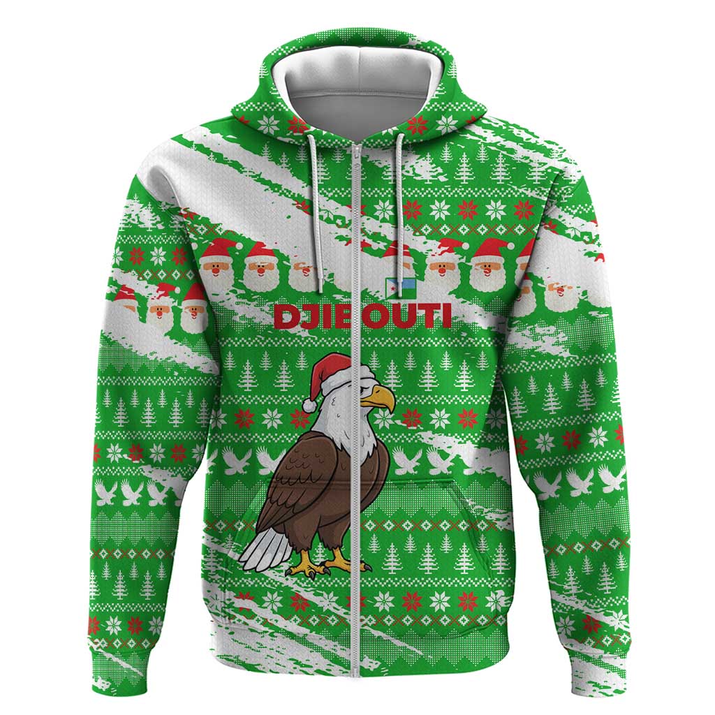 Djibouti Christmas Zip Hoodie with Santa Eagle Doves Trees and Green Snowflake Holiday - Wonder Print Shop