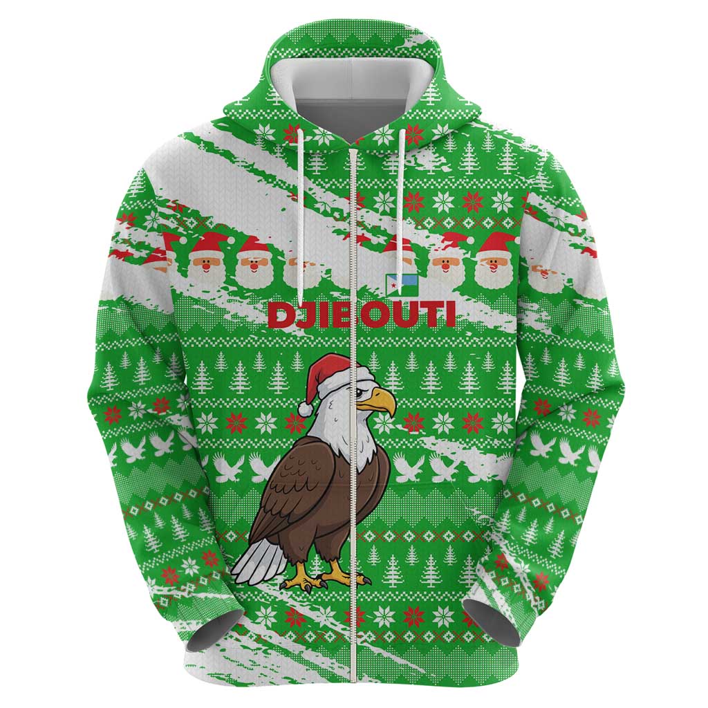 Djibouti Christmas Zip Hoodie with Santa Eagle Doves Trees and Green Snowflake Holiday - Wonder Print Shop