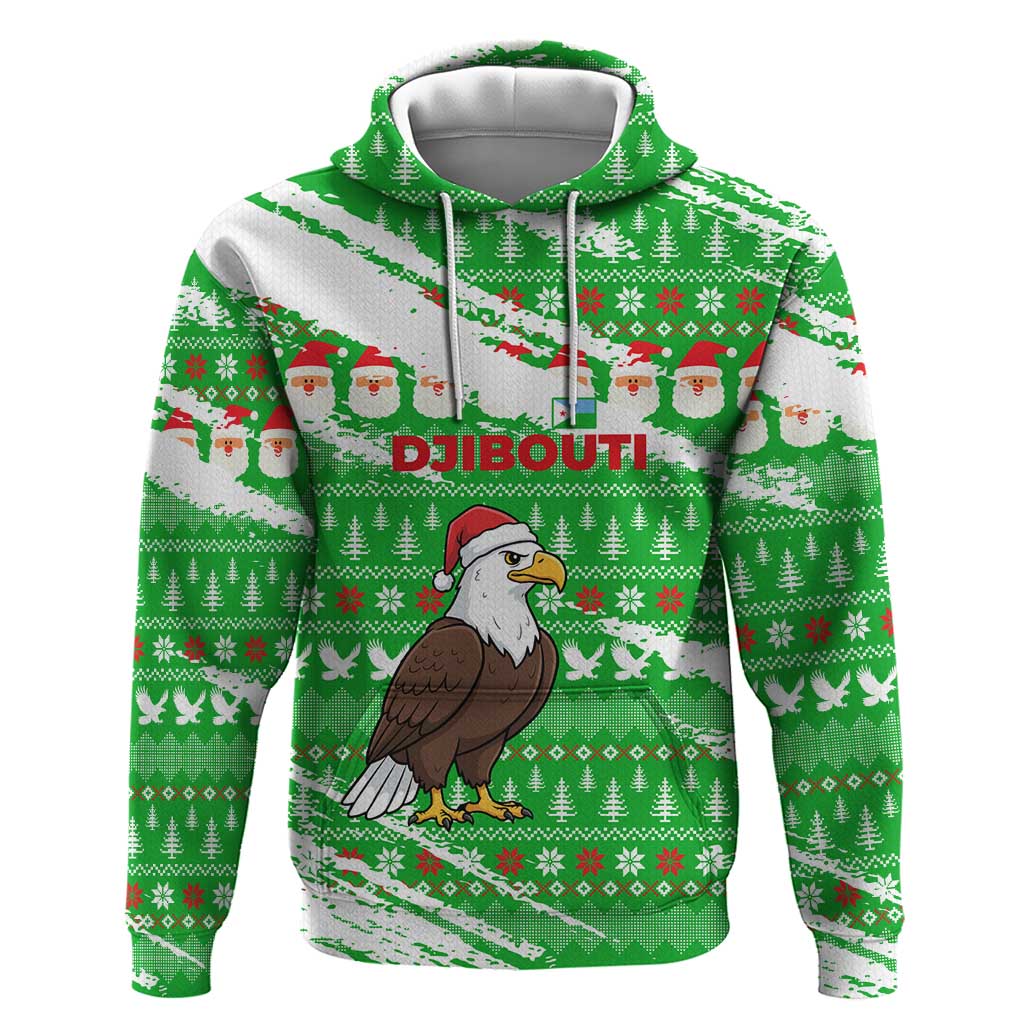 Djibouti Christmas Zip Hoodie with Santa Eagle Doves Trees and Green Snowflake Holiday - Wonder Print Shop