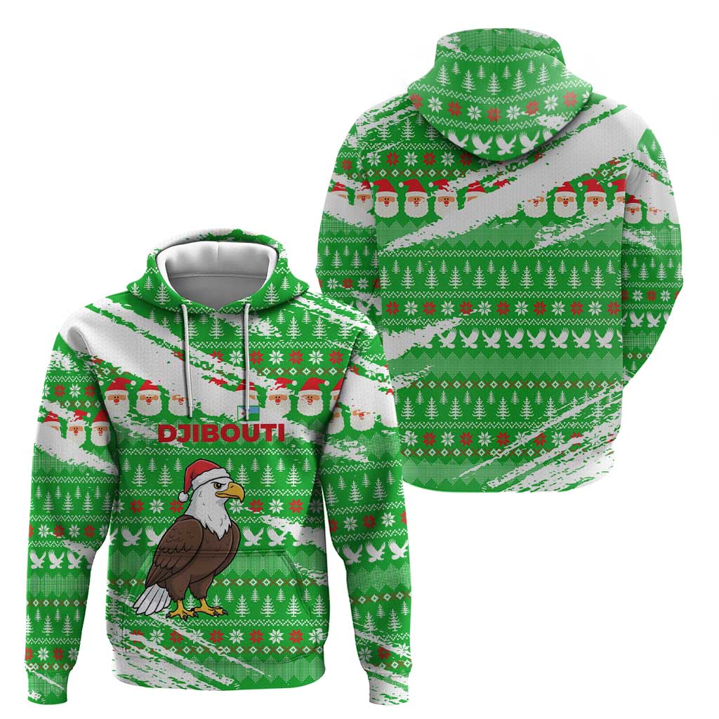 Djibouti Christmas Zip Hoodie with Santa Eagle Doves Trees and Green Snowflake Holiday - Wonder Print Shop
