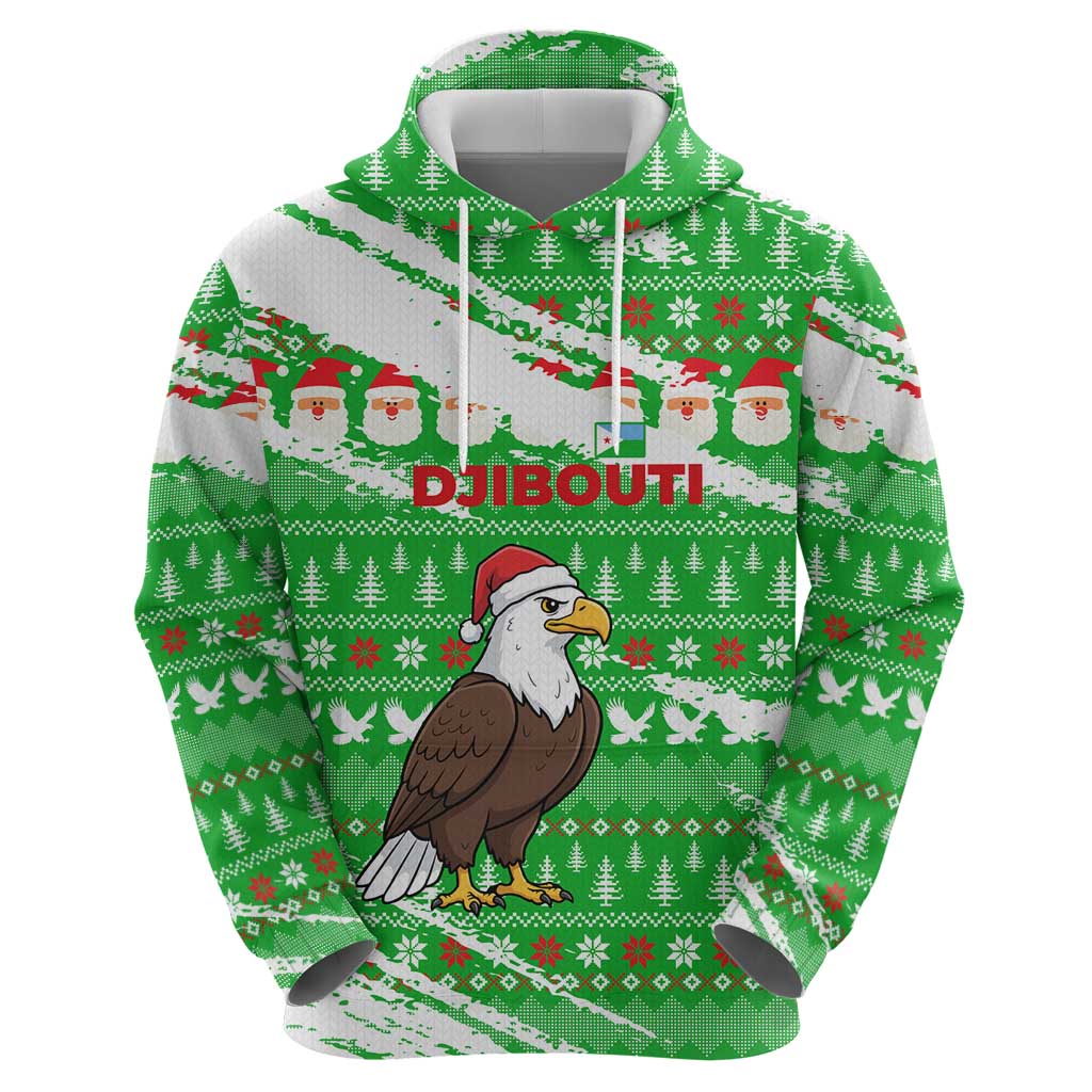 Djibouti Christmas Zip Hoodie with Santa Eagle Doves Trees and Green Snowflake Holiday - Wonder Print Shop