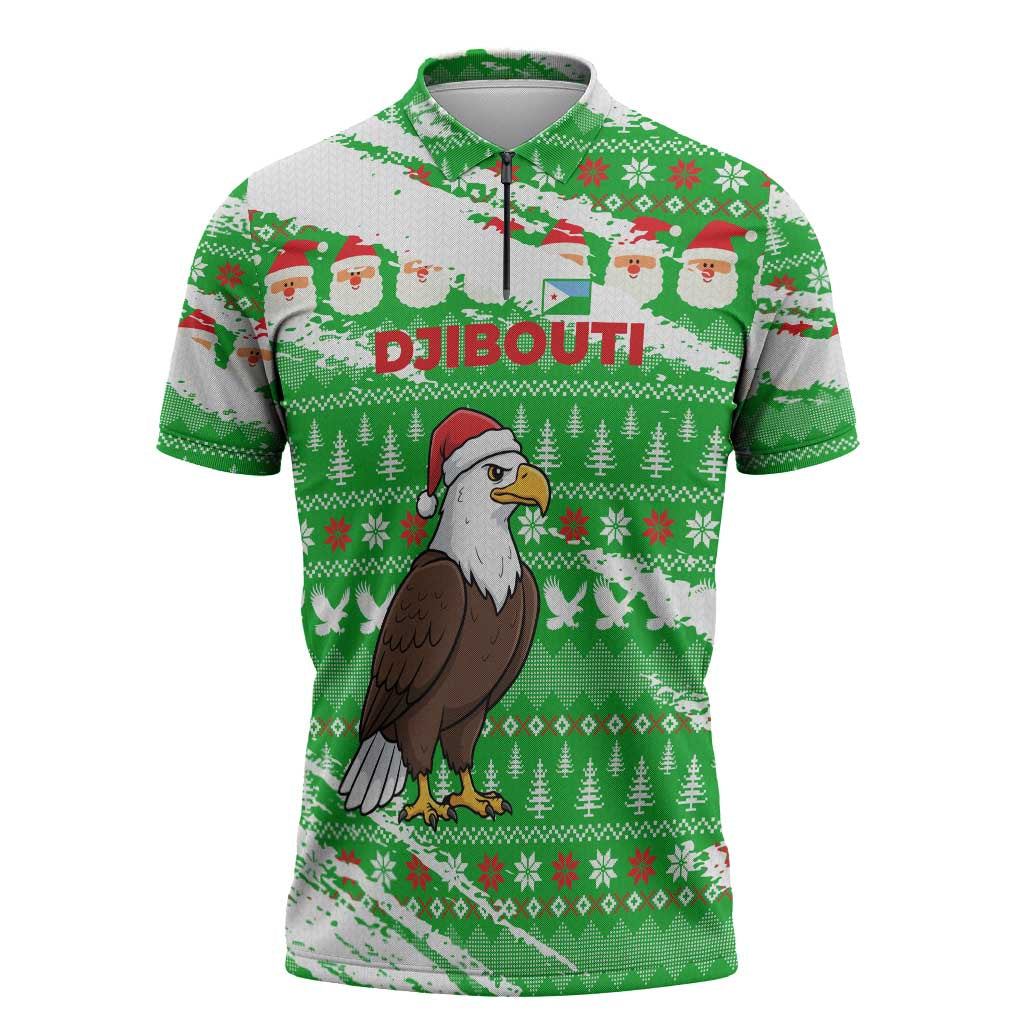 Djibouti Christmas Zipper Polo Shirt with Santa Eagle Doves Trees and Green Snowflake Holiday - Wonder Print Shop
