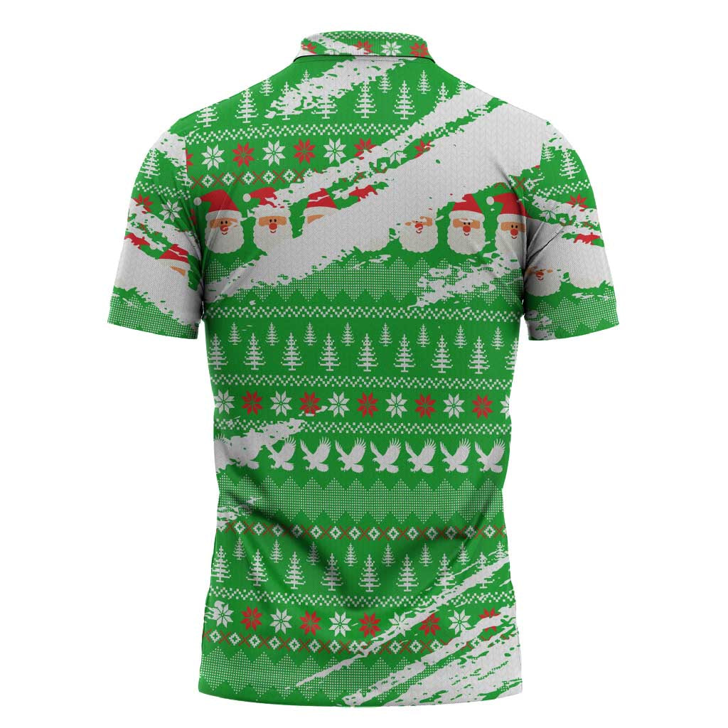 Djibouti Christmas Zipper Polo Shirt with Santa Eagle Doves Trees and Green Snowflake Holiday - Wonder Print Shop